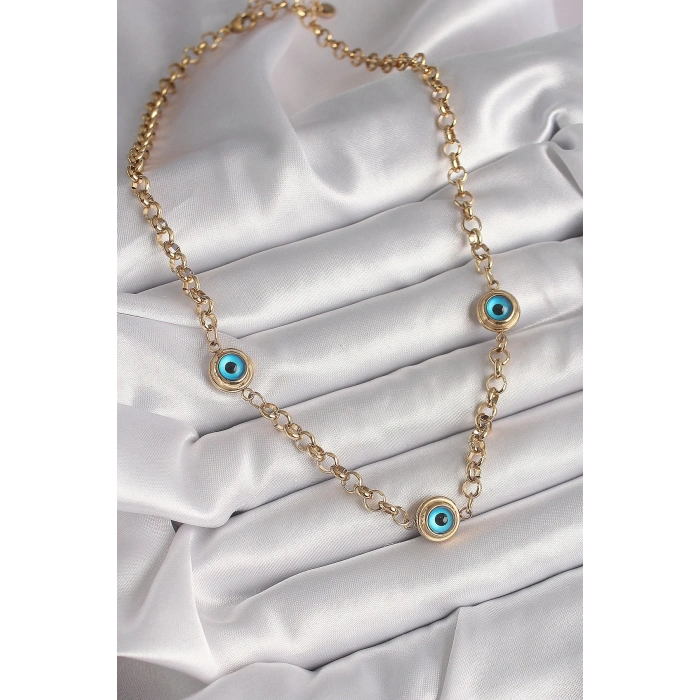 316L Çelik Gold Renk Zincir Nazar Boncuk Model Kadın Kolye
