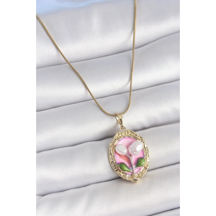 316L Çelik Gold Renk Zincir Pembe Mineli İncili Çiçek İşlemeli Portre Model Kadın Kolye