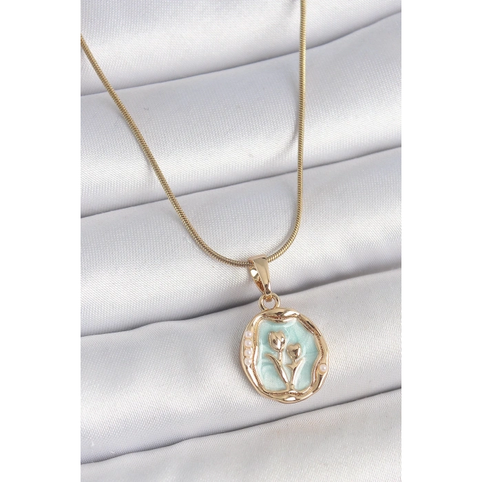 316L Çelik Gold Renk Zincir Turkuaz Mineli Çiçek İşlemeli Portre Model Kadın Kolye