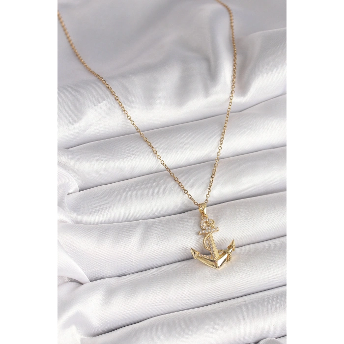 316L Çelik Gold Renk Zincir Zirkon Taş Detaylı Çapa Model Kadın Kolye