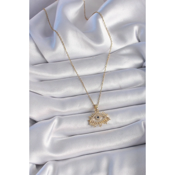 316L Çelik Gold Renk Zincir Zirkon Taşlı Göz Figür Kadın Kolye