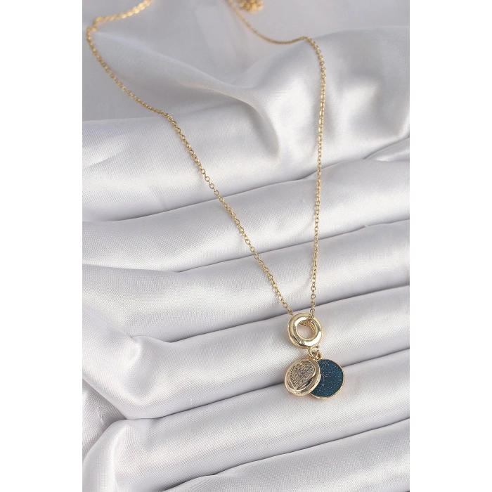 316L Çelik Gold Renk Zincir Zirkon Taşlı Kalp Model Mavi Simli Kadın Kolye