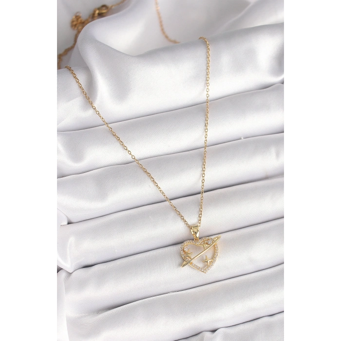 316L Çelik Gold Renk Zincir Zirkon Taşlı Kalp Model Yıldız Detay Kadın Kolye