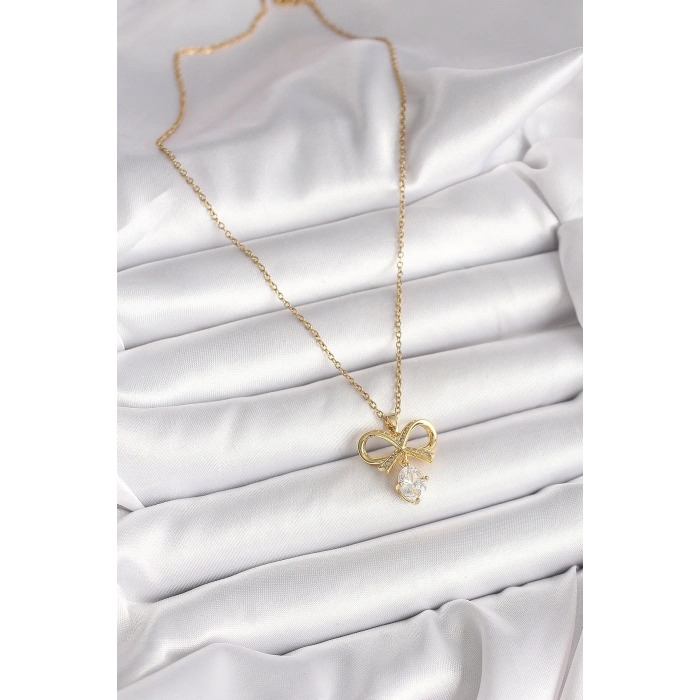 316L Çelik Gold Renk Zincir Zirkon Taşlı Kurdele Model Kadın Kolye