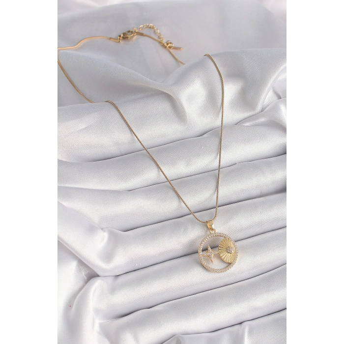 316L Çelik Gold Renk Zincir Zirkon Taşlı Yıldız İşleme Madalyon Model Kadın Kolye