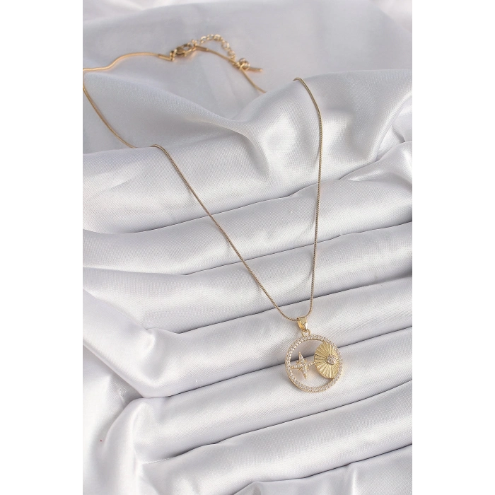 316L Çelik Gold Renk Zincir Zirkon Taşlı Yıldız İşleme Madalyon Model Kadın Kolye