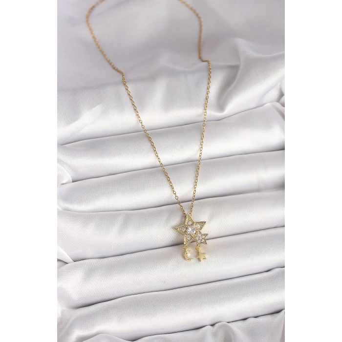 316L Çelik Gold Renk Zincir Zirkon Taşlı Yıldız Model Sallanı Ay Yıldız Detay Kadın Kolye
