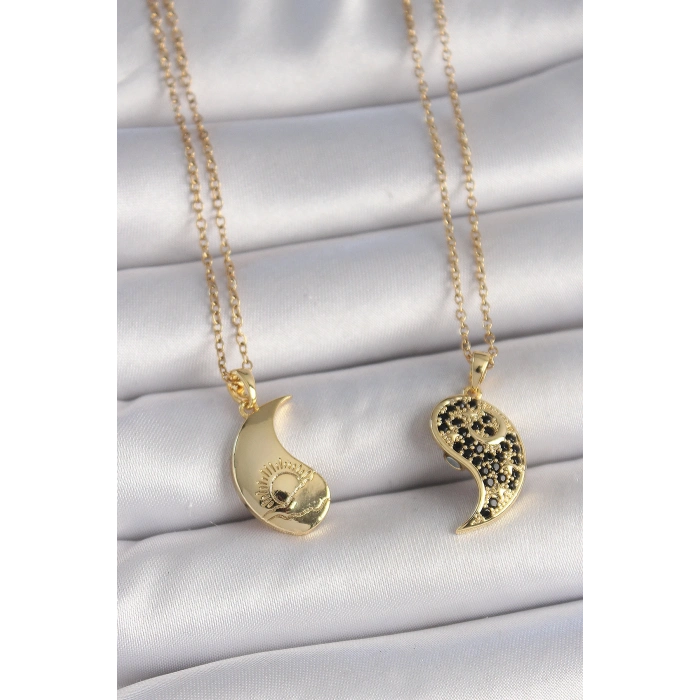 316L Çelik Gold Renk Zincir Zirkon Taşlı Ying Yang Model Gün Batımı İşlemeli Arkadaşlık Kadın Kolye