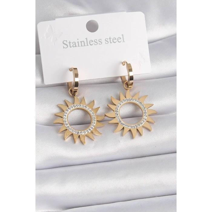 316L Çelik Gold Renk Zirkon Taşlı Güneş Model Kadın Küpe