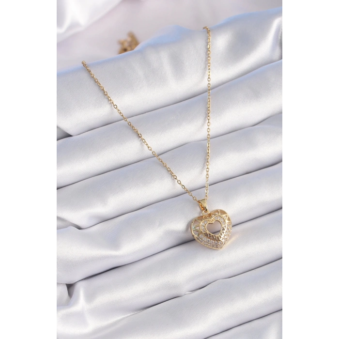 316L Çelik Gold Renk Zirkon Taşlı Kalp Model Vintage Kadın Kolye