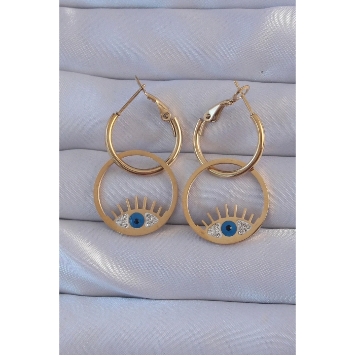 316L Çelik Gold Renk Zirkon Taşlı Mavi Göz Tasarımlı Halka Küpe