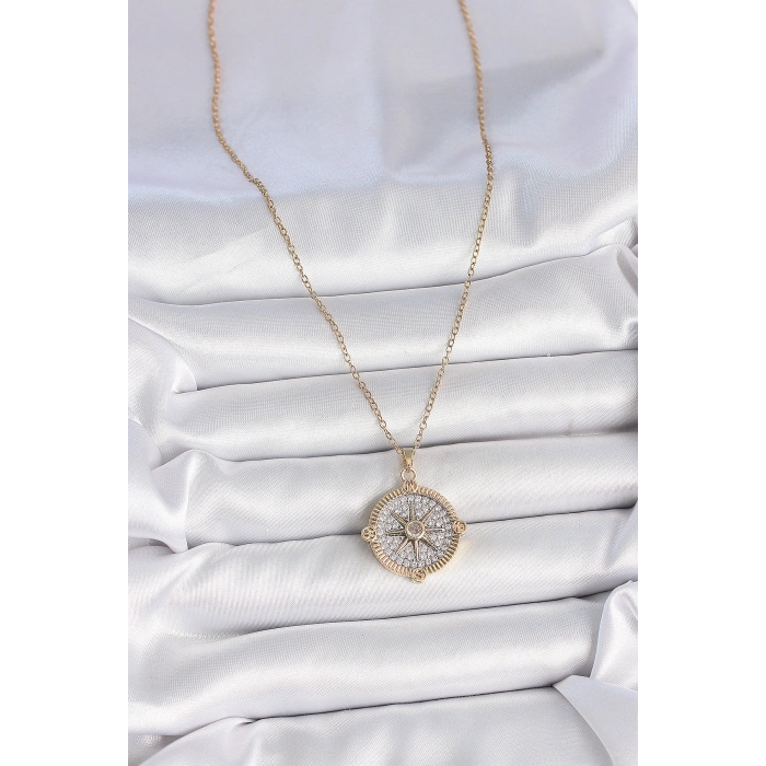 316L Çelik Gold Renk Zirkon Taşlı Pusula Model Kadın Kolye
