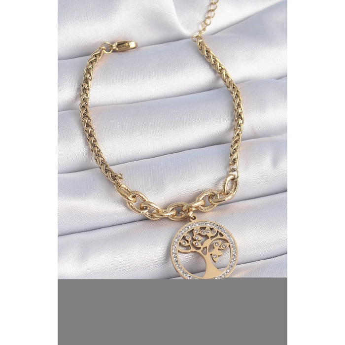 316L Çelik Gold Renk Zirkon Taşlı Yaşam Ağacı Figür Kadın Bileklik