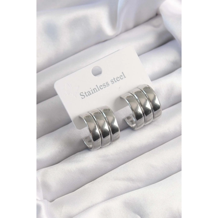 316L Çelik Gümüş Renk 3lü Görünüm Bombe Model Yarım Halka Küpe