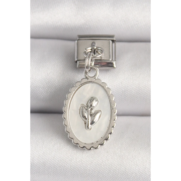 316L Çelik Gümüş Renk Beyaz Mineli Çiçek İşlemeli Nomination Charm