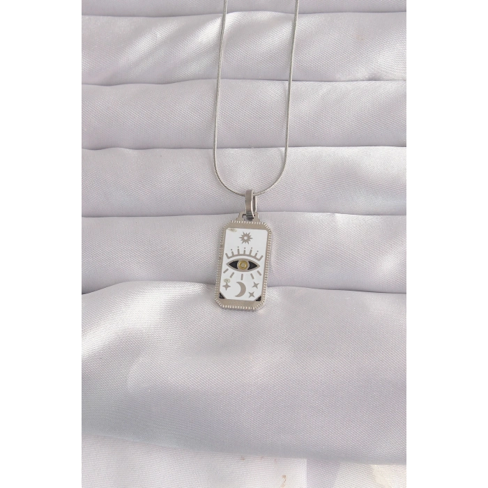 316L Çelik Gümüş Renk Beyaz Mineli Göz Figür Tarot Kolye