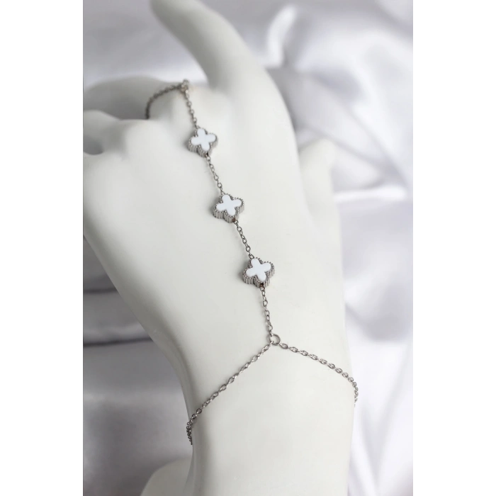 316L Çelik Gümüş Renk Beyaz Yonca Model Kadın Şahmeran