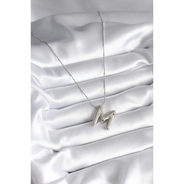 316L Çelik Gümüş Renk Bubble M Harf Model Kadın Kolye