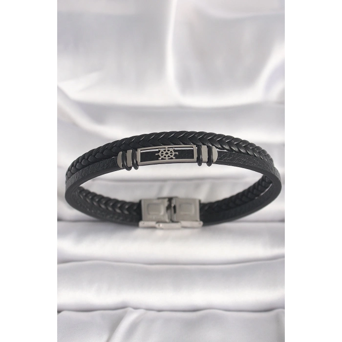 316L Çelik Gümüş Renk Gemi Dümeni Figür Siyah Burgu Deri Kordon Model Erkek Bileklik