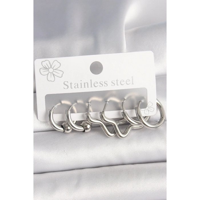 316L Çelik Gümüş Renk Halka Yıldız Model Kadın Küpe Seti