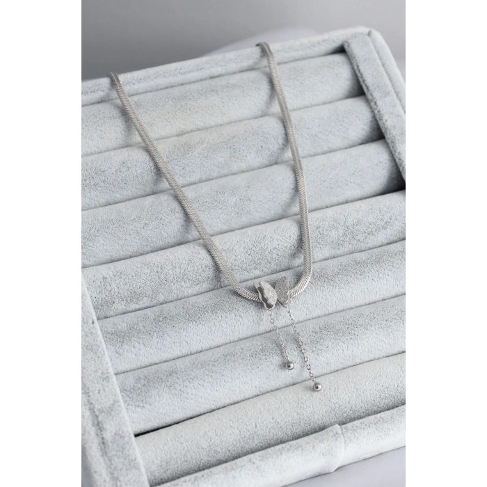 316L Çelik Gümüş Renk İtalyan Zincir Model Simli Kelebek Figür Kadın Kolye