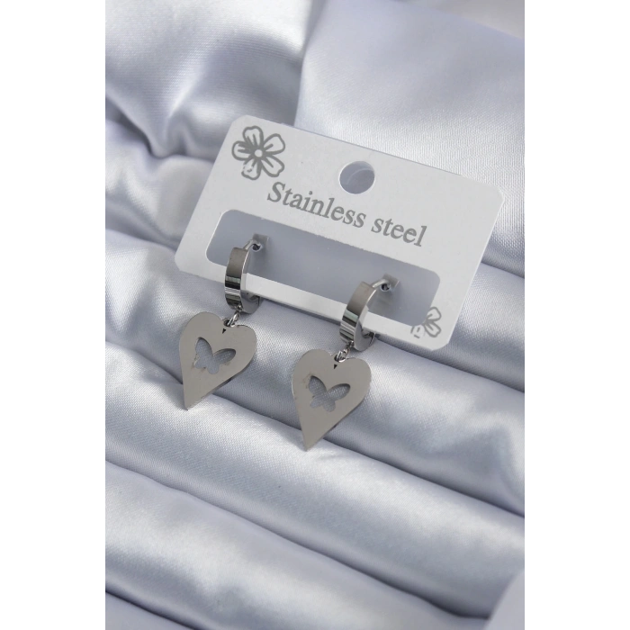 316L Çelik Gümüş Renk Kalp Model Kelebek İşleme Kadın Küpe
