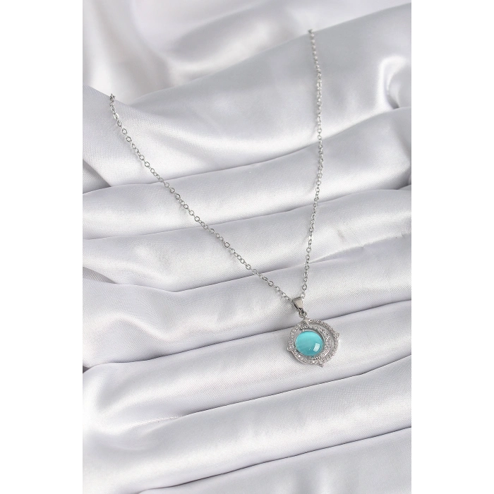 316L Çelik Gümüş Renk Mavi Sedefli Hilal Model Kadın Kolye