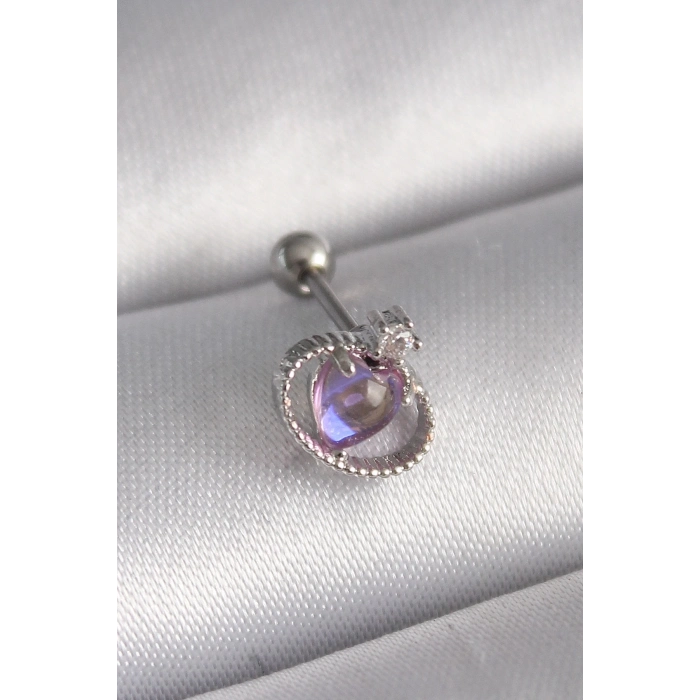 316L Çelik Gümüş Renk Mor Mineli Kalp Zirkon Taş Detay Tragus Piercing