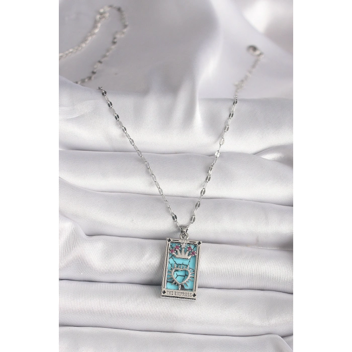 316L Çelik Gümüş Renk Pembe Zirkon Taşlı Taç Kalp Portre Model Kadın Kole