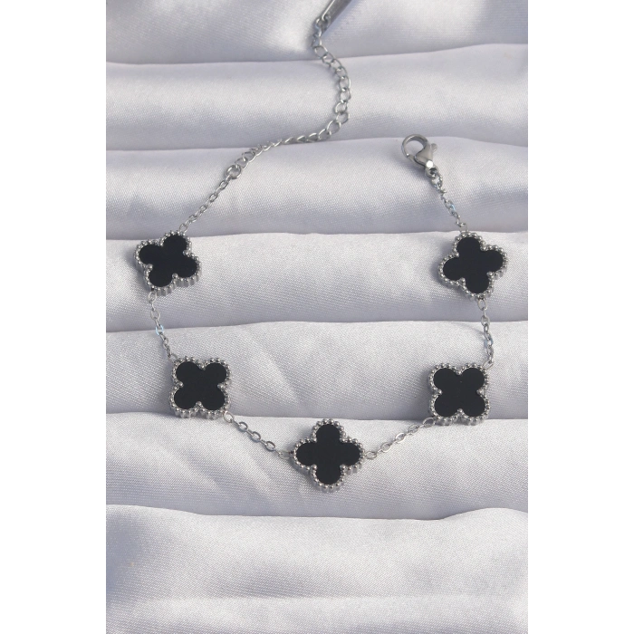 316L Çelik Gümüş Renk Siyah Mineli Yonca Bileklik