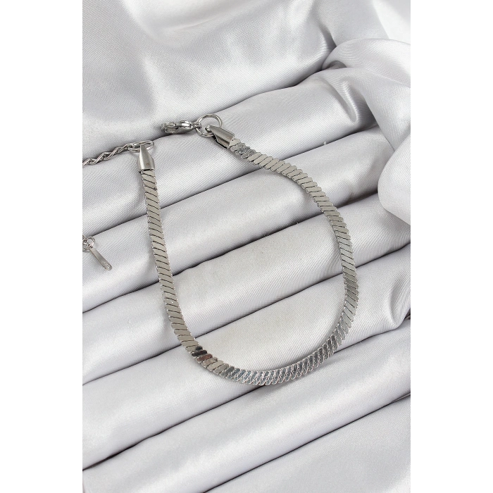 316L Çelik Gümüş Renk Yassı Zincir Model Kadın Bileklik