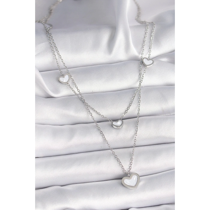 316L Çelik Gümüş Renk Zincir 2Li Zincir Kalp Model Kadın Kolye