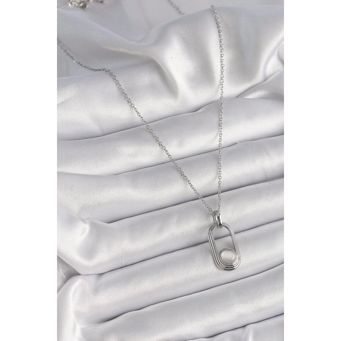 316L Çelik Gümüş Renk Zincir Beyaz Kedi Göz Model Kadın Kolye