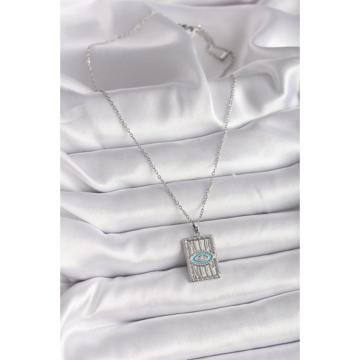 316L Çelik Gümüş Renk Zincir Göz İşlemeli Madalyon Model Kadın Kolye