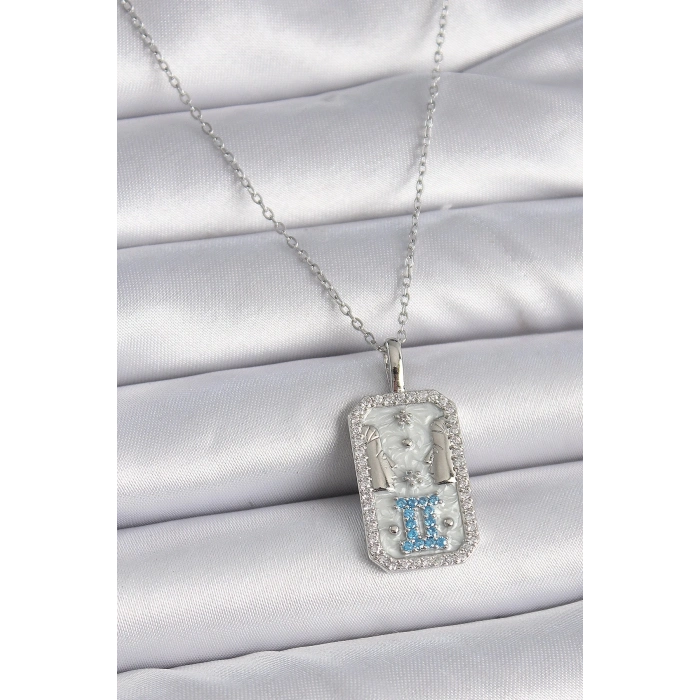 316L Çelik Gümüş Renk Zincir İkizler Burcu Zirkon Taşlı Kadın Kolye