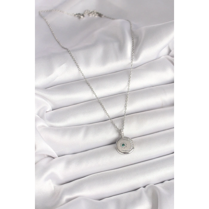 316L Çelik Gümüş Renk Zincir Madalyon Zirkon Taşlı İşlemeli Hilal Yıldız Model Kadın Kolye