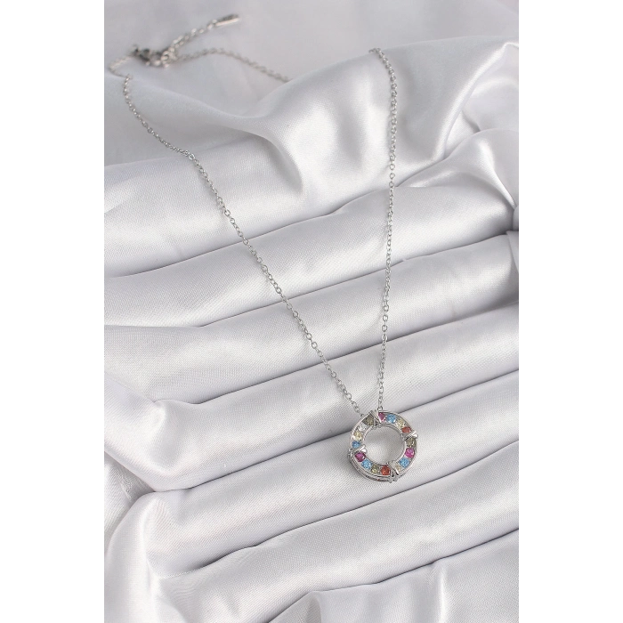 316L Çelik Gümüş Renk Zincir Renkli Zirkon Taşlı Xoxo Model Kadın Kolye