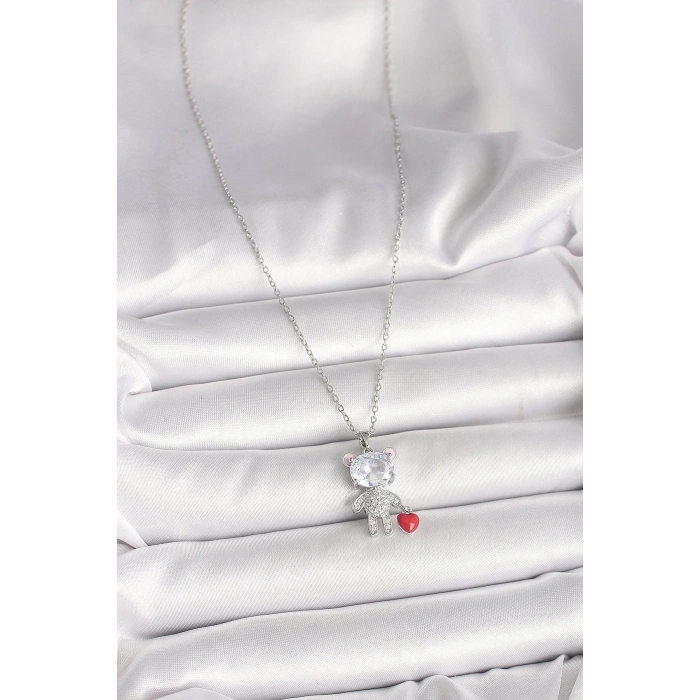 316L Çelik Gümüş Renk Zincir Zirkon Taşlı Ayıcık Model Kırmızı Kalp Detay Kadın Kolye