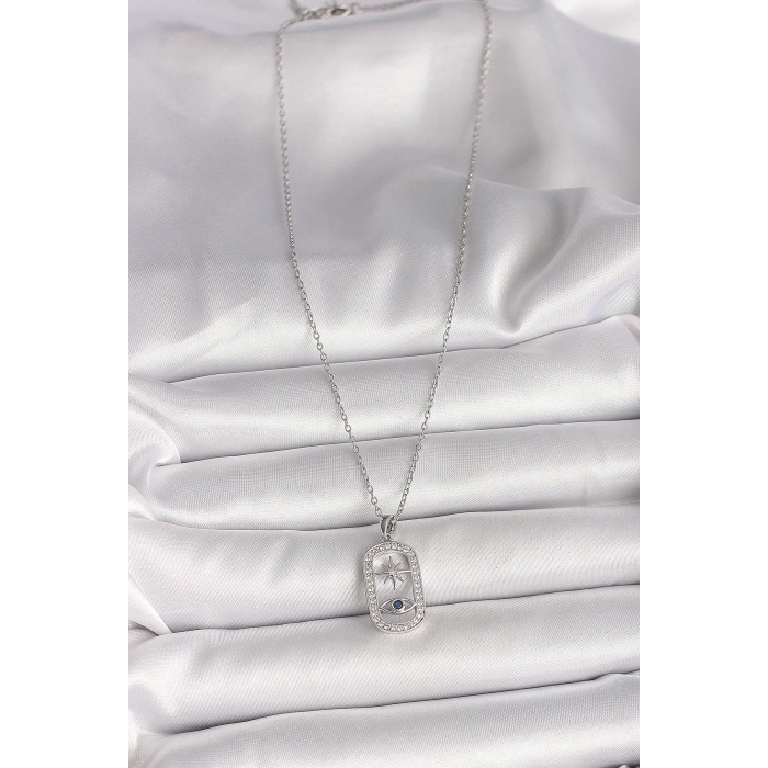 316L Çelik Gümüş Renk Zincir Zirkon Taşlı Göz Yıldız Model Kadın Kolye