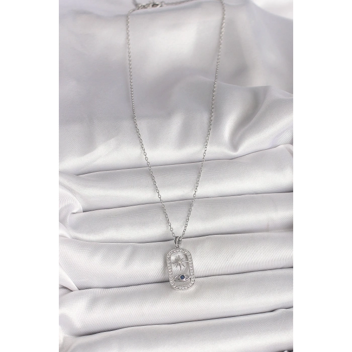 316L Çelik Gümüş Renk Zincir Zirkon Taşlı Göz Yıldız Model Kadın Kolye
