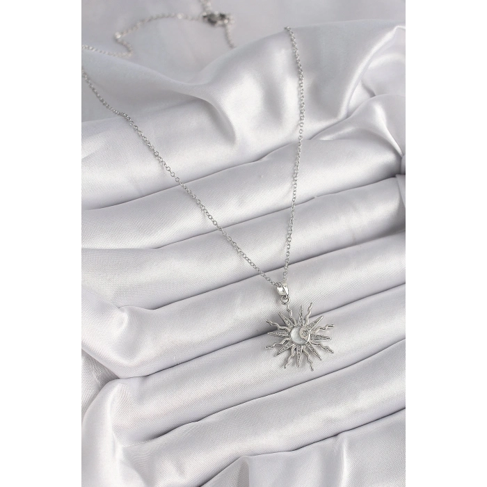 316L Çelik Gümüş Renk Zincir Zirkon Taşlı Güneş Model Sedefli Ay İşleme Detay Kadın Kolye