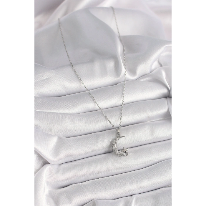 316L Çelik Gümüş Renk Zincir Zirkon Taşlı Hilal Model Yıldız Detay Kadın Kolye