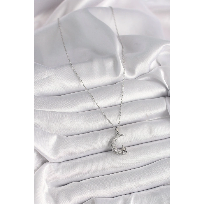 316L Çelik Gümüş Renk Zincir Zirkon Taşlı Hilal Model Yıldız Detay Kadın Kolye