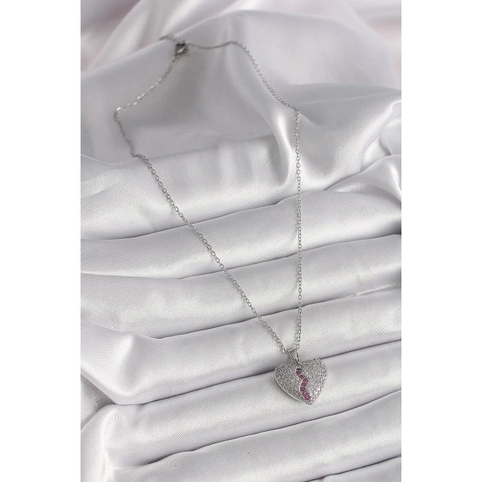 316L Çelik Gümüş Renk Zincir Zirkon Taşlı Kalp Model Kadın Kolye