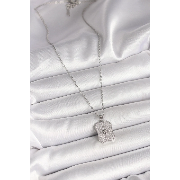 316L Çelik Gümüş Renk Zincir Zirkon Taşlı Kutup Yıldız İşlemeli Madalyon Model Kadın Kolye