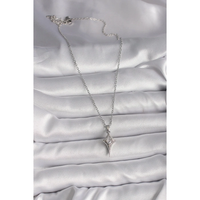 316L Çelik Gümüş Renk Zincir Zirkon Taşlı Kuzey Yıldızı Model Kadın Kolye