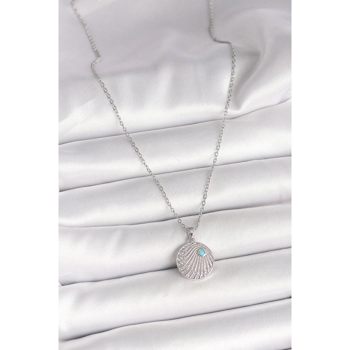 316L Çelik Gümüş Renk Zincir Zirkon Taşlı Mavi Taş Detaylı Madalyon Model Kadın Kolye