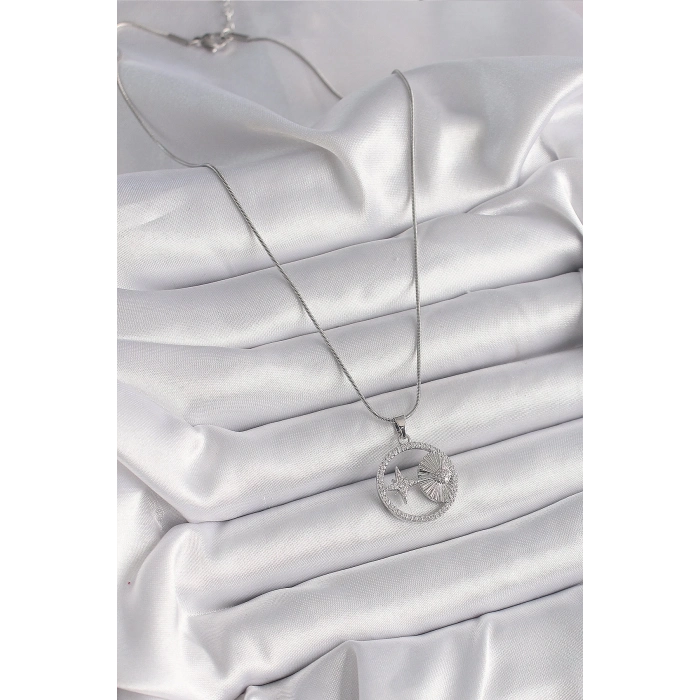 316L Çelik Gümüş Renk Zincir Zirkon Taşlı Yıldız Madalyon Model Kadın Kolye