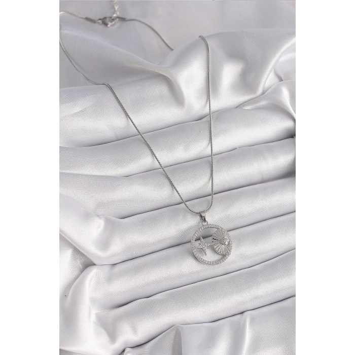 316L Çelik Gümüş Renk Zincir Zirkon Taşlı Yıldız Madalyon Model Kadın Kolye