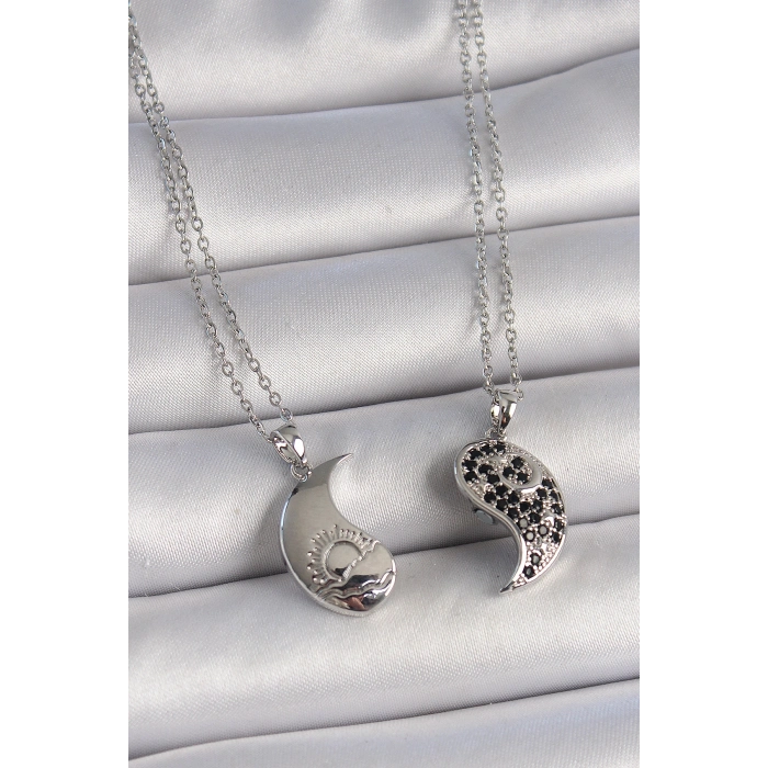316L Çelik Gümüş Renk Zincir Zirkon Taşlı Ying Yang Model Gün Batımı İşlemeli Arakdaşlık Kadın Kolye
